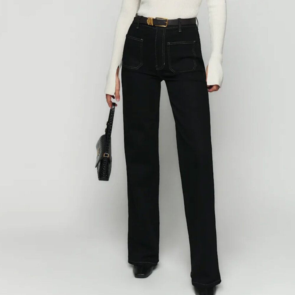 Reformation Alyssa High Rise Wide Leg Long Jeans Black - Size 26P